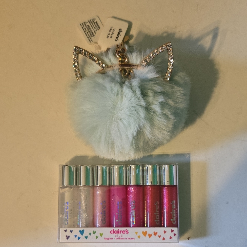 Claire's Mint Furry Keychain with Glittery Cat Ears and Lip Gloss Set